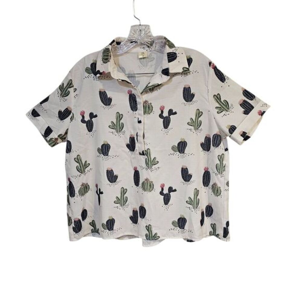 Women’s T.R. Notes White Cactus Top Size‎ Medium Half Way Button-Up